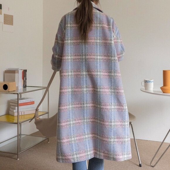 Multicolor Casual Plaid Women's Lapel Neck Single Button Overcoat Jacket - Picture 2 of 8